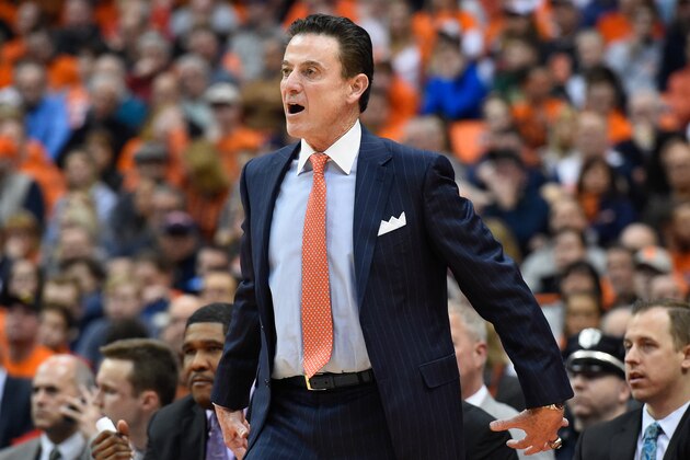 SYRACUSE, NY - FEBRUARY 13:  Head coach Rick Pitino of the Louisville Cardinals reacts to a call against the Syracuse Orange during the first half at the Carrier Dome on February 13, 2017 in Syracuse, New York. Louisville defeated Syracuse 76-72 in overtime. (Photo by Rich Barnes/Getty Images)