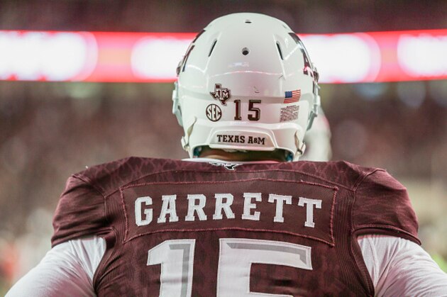 COLLEGE STATION, TX - NOVEMBER 12: Myles Garrett #15 of the Texas A&M Aggies during warm ups before playing the Mississippi Rebels at Kyle Field on November 12, 2016 in College Station, Texas.  (Photo by Bob Levey/Getty Images)