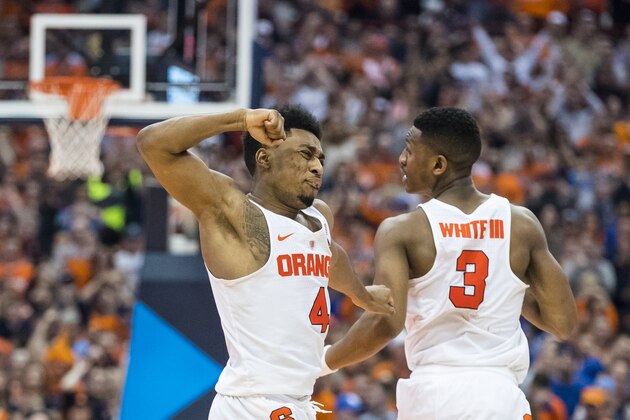 SYRACUSE, NY - FEBRUARY 22:  John Gillon #4 of the Syracuse Orange celebrates tying the game with little time left on the clock during the second half against the Duke Blue Devils on February 22, 2017 at The Carrier Dome in Syracuse, New York. Syracuse upsets Duke 78-75.  (Photo by Brett Carlsen/Getty Images)