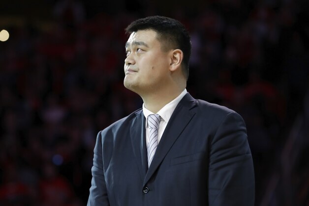HOUSTON, TX - FEBRUARY 03:  Yao Ming watches as his Houston Rockets jersey #11 is retired at halftime of the game between the Houston Rockets and the Chicago Bulls at Toyota Center on February 3, 2017 in Houston, Texas. NOTE TO USER: User expressly acknowledges and agrees that, by downloading and or using this photograph, User is consenting to the terms and conditions of the Getty Images License Agreement.  (Photo by Tim Warner/Getty Images)