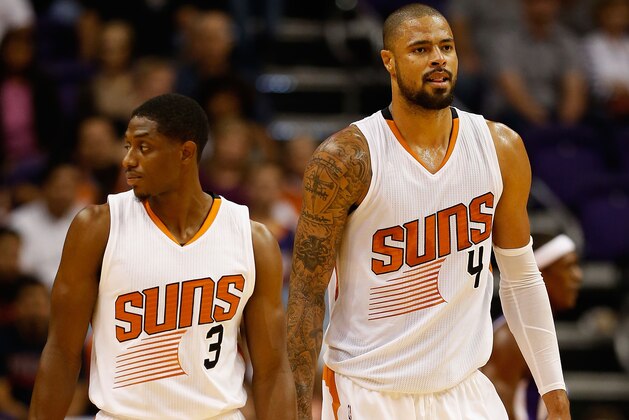 PHOENIX, AZ - OCTOBER 07:  Brandon Knight #3 and Tyson Chandler #4 of the Phoenix Suns walk the court during the first half ot he preseason NBA game against the Sacramento Kings at Talking Stick Resort Arena on October 7, 2015 in Phoenix, Arizona. NOTE TO USER: User expressly acknowledges and agrees that, by downloading and or using this photograph, User is consenting to the terms and conditions of the Getty Images License Agreement.  (Photo by Christian Petersen/Getty Images)