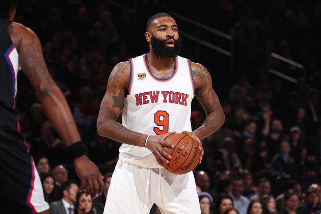 NEW YORK, NY - FEBRUARY 8: Kyle O'Quinn #9 of the New York Knicks handles the ball against the LA Clippers during the game on February 8, 2017 at Madison Square Garden in New York City, New York.  NOTE TO USER: User expressly acknowledges and agrees that, by downloading and or using this photograph, User is consenting to the terms and conditions of the Getty Images License Agreement. Mandatory Copyright Notice: Copyright 2017 NBAE  (Photo by Nathaniel S. Butler/NBAE via Getty Images)