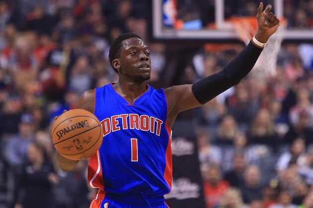 TORONTO, ON - FEBRUARY 12:  Reggie Jackson #1 of the Detroit Pistons dribbles the ball during the first half of an NBA game against the Toronto Raptors at Air Canada Centre on February 12, 2017 in Toronto, Canada.  NOTE TO USER: User expressly acknowledges and agrees that, by downloading and or using this photograph, User is consenting to the terms and conditions of the Getty Images License Agreement.  (Photo by Vaughn Ridley/Getty Images)