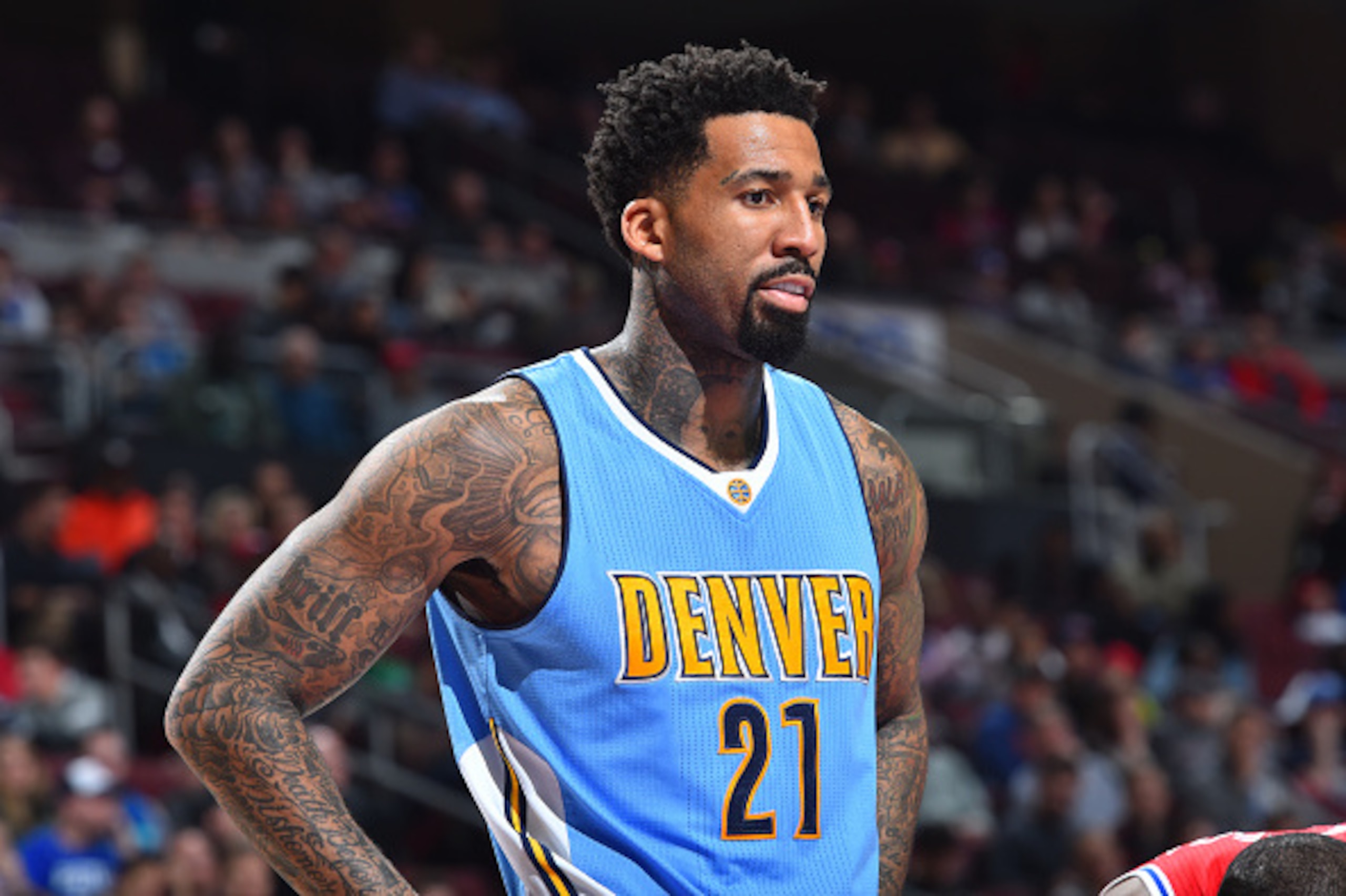 PHILADELPHIA, PA - DECEMBER 5: Wilson Chandler #21 of the Denver Nuggets looks on against the Philadelphia 76ers at Wells Fargo Center on December 5, 2016 in Philadelphia, Pennsylvania NOTE TO USER: User expressly acknowledges and agrees that, by downloading and/or using this Photograph, user is consenting to the terms and conditions of the Getty Images License Agreement. Mandatory Copyright Notice: Copyright 2016 NBAE (Photo by Jesse D. Garrabrant/NBAE via Getty Images)