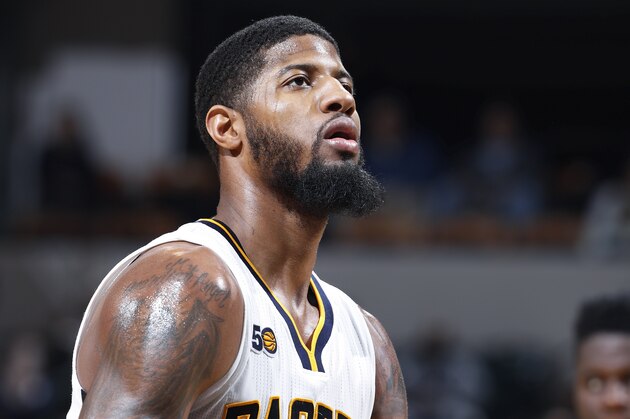 INDIANAPOLIS, IN - JANUARY 29: Paul George #13 of the Indiana Pacers shoots a free throw against the Houston Rockets during the game at Bankers Life Fieldhouse on January 29, 2017 in Indianapolis, Indiana. The Pacers defeated the Rockets 120-101. NOTE TO USER: User expressly acknowledges and agrees that, by downloading and or using the photograph, User is consenting to the terms and conditions of the Getty Images License Agreement. (Photo by Joe Robbins/Getty Images)