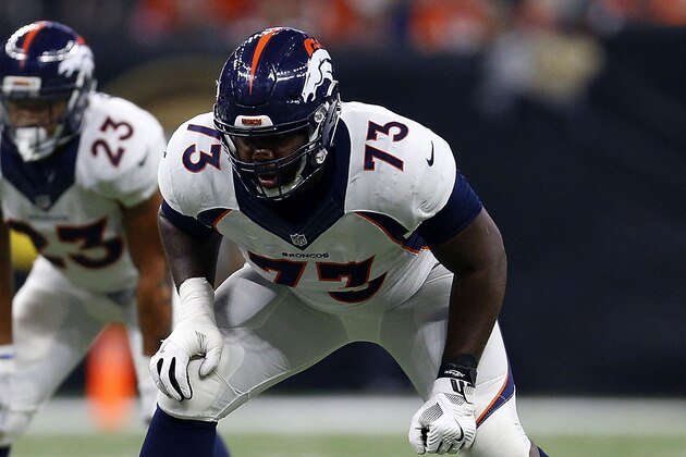 NEW ORLEANS, LA - NOVEMBER 13: Russell Okung #73 of the Denver Broncos blocks during a game against the New Orleans Saints at the Mercedes-Benz Superdome on November 13, 2016 in New Orleans, Louisiana.  (Photo by Jonathan Bachman/Getty Images)