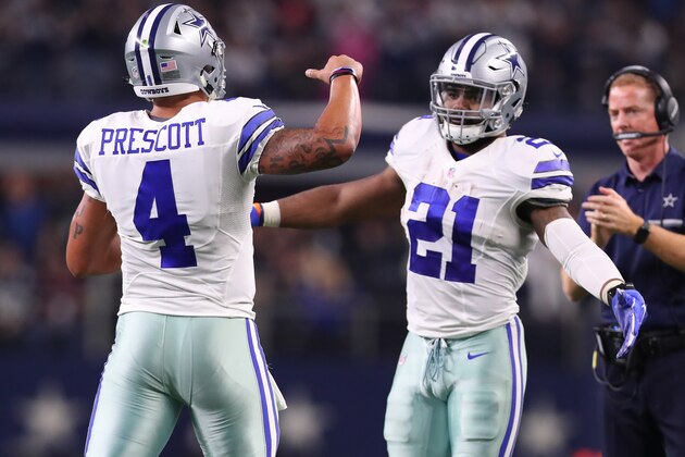 ARLINGTON, TX - DECEMBER 18:  Dak Prescott #4 and Ezekiel Elliott of the Dallas Cowboys celebrate after scoring a touchdown during the second quarter against the Tampa Bay Buccaneers at AT&T Stadium on December 18, 2016 in Arlington, Texas. (Photo by Tom Pennington/Getty Images)
