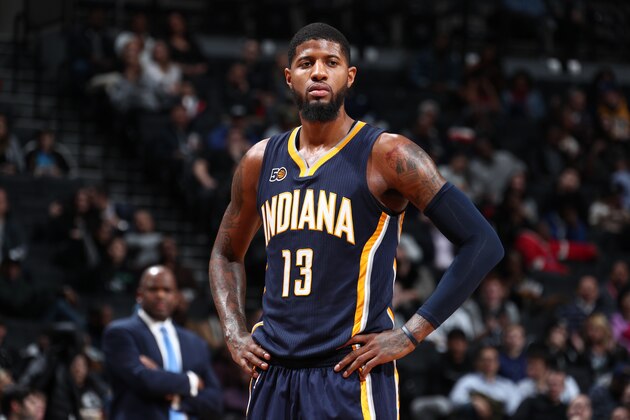 BROOKLYN, NY - FEBRUARY 3: Paul George #13 of the Indiana Pacers is seen against the Brooklyn Nets on February 3, 2017 at Barclays Center in Brooklyn, New York. NOTE TO USER: User expressly acknowledges and agrees that, by downloading and or using this Photograph, user is consenting to the terms and conditions of the Getty Images License Agreement. Mandatory Copyright Notice: Copyright 2017 NBAE (Photo by Nathaniel S. Butler/NBAE via Getty Images)