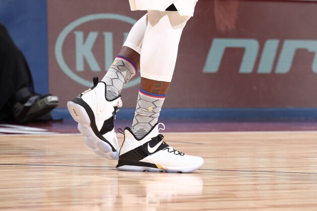NEW ORLEANS, LA - FEBRUARY 19: LeBron James #23 of the Eastern Conference All-Stars sneakers during the NBA All-Star Game as part of the 2017 NBA All Star Weekend on February 19, 2017 at the Smoothie King Center in New Orleans, Louisiana.  NOTE TO USER: User expressly acknowledges and agrees that, by downloading and or using this Photograph, user is consenting to the terms and conditions of the Getty Images License Agreement.  Mandatory Copyright Notice: Copyright 2017 NBAE (Photo by Nathaniel S. Butler/NBAE via Getty Images)