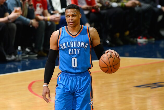 WASHINGTON, DC - FEBRUARY 13:  Russell Westbrook #0 of the Oklahoma City Thunder handles the ball against the Washington Wizards at Verizon Center on February 13, 2017 in Washington, DC.  (Photo by G Fiume/Getty Images)
