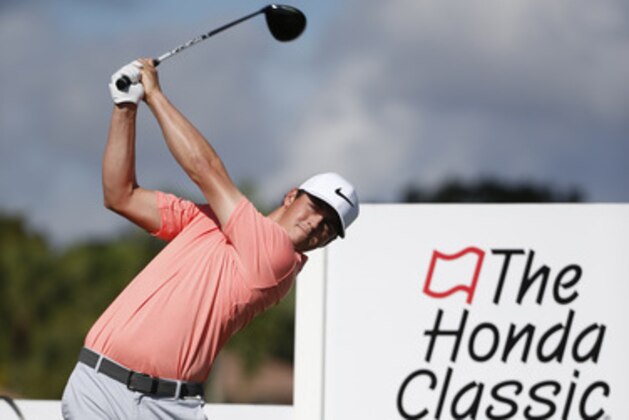 Cody Gribble tees off on the 12th tee during the first round of the Honda Classic golf tournament, Thursday, Feb. 23, 2017, in Palm Beach Gardens, Fla. (AP Photo/Wilfredo Lee)