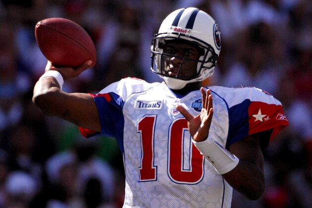 AFC quarterback Vince Young of the Tennessee Titans throws a pass during 31-28 victory over the NFC in the NFL Pro Bowl at Aloha Stadium in Honolulu, HI on Saturday, February 10, 2007. Young is the first rookie quarterback to play in the Pro Bowl since 1984. (Photo by Kirby Lee/Getty Images)