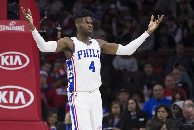 PHILADELPHIA, PA - JANUARY 24: Nerlens Noel #4 of the Philadelphia 76ers reacts against the Los Angeles Clippers at the Wells Fargo Center on January 24, 2017 in Philadelphia, Pennsylvania. The 76ers defeated the Clippers 121-110. NOTE TO USER: User expressly acknowledges and agrees that, by downloading and or using this photograph, User is consenting to the terms and conditions of the Getty Images License Agreement. (Photo by Mitchell Leff/Getty Images)