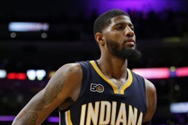 Indiana Pacers forward Paul George walks off the court after an NBA basketball game against the Los Angeles Lakers in Los Angeles, Friday, Jan. 20, 2017. (AP Photo/Alex Gallardo)