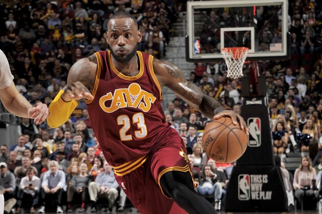 CLEVELAND, OH - FEBRUARY 23:  LeBron James #23 of the Cleveland Cavaliers handles the ball against the New York Knicks on February 23, 2017 at Quicken Loans Arena in Cleveland, Ohio. NOTE TO USER: User expressly acknowledges and agrees that, by downloading and/or using this Photograph, user is consenting to the terms and conditions of the Getty Images License Agreement. Mandatory Copyright Notice: Copyright 2017 NBAE (Photo by David Liam Kyle/NBAE via Getty Images)