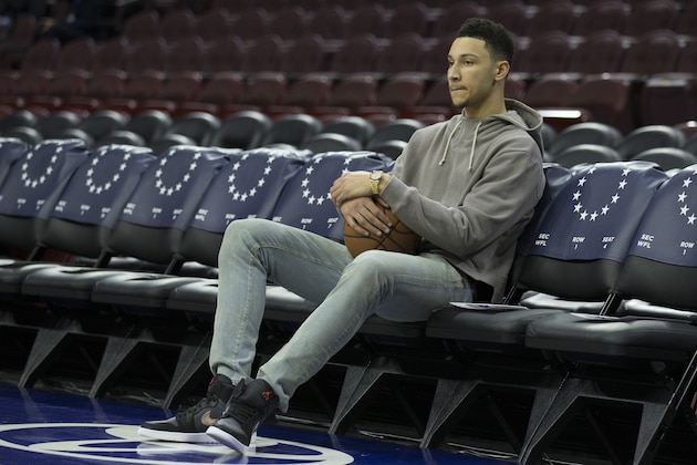 PHILADELPHIA, PA - JANUARY 30: Ben Simmons #25 of the Philadelphia 76ers sits on the bench prior to the game against the Sacramento Kings at the Wells Fargo Center on January 30, 2017 in Philadelphia, Pennsylvania. NOTE TO USER: User expressly acknowledges and agrees that, by downloading and or using this photograph, User is consenting to the terms and conditions of the Getty Images License Agreement. (Photo by Mitchell Leff/Getty Images)