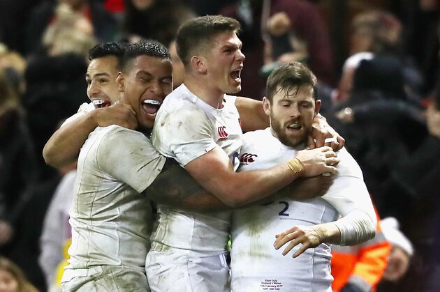 CARDIFF, WALES - FEBRUARY 11:  Elliot Daly (R) of England celebrates with team mates after scoring the match winning try during the RBS Six Nations match between Wales and England at the Principality Stadium on February 11, 2017 in Cardiff, Wales.  (Photo by David Rogers/Getty Images)