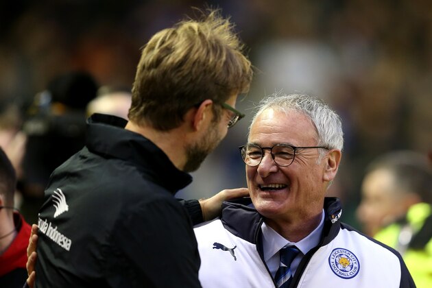 LIVERPOOL, ENGLAND - DECEMBER 26:  Jurgen Klopp, Manager of Liverpool (L) greets Claudio Ranieri, Manager of Leicester City prior to the Barclays Premier League match between Liverpool and Leicester City at Anfield on December 26, 2015 in Liverpool, England.  (Photo by Chris Brunskill/Getty Images)