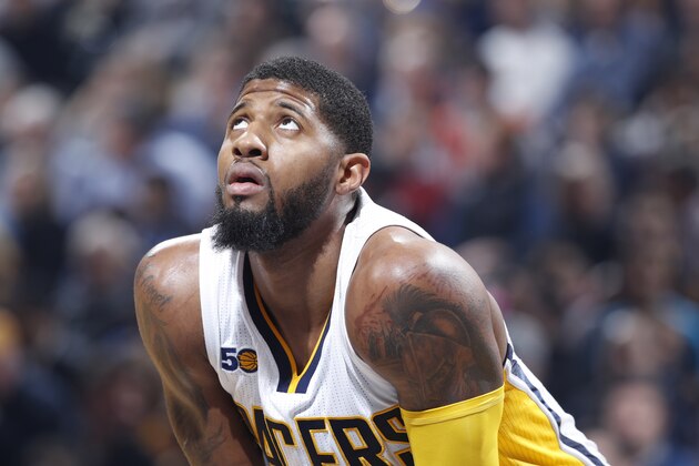INDIANAPOLIS, IN - FEBRUARY 06: Paul George #13 of the Indiana Pacers looks on against the Oklahoma City Thunder in the first half of the game at Bankers Life Fieldhouse on February 6, 2017 in Indianapolis, Indiana. The Pacers defeated the Thunder 93-90. NOTE TO USER: User expressly acknowledges and agrees that, by downloading and or using the photograph, User is consenting to the terms and conditions of the Getty Images License Agreement. (Photo by Joe Robbins/Getty Images)