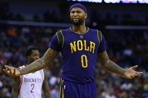 NEW ORLEANS, LA - FEBRUARY 23: DeMarcus Cousins #0 of the New Orleans Pelicans reacts during the second half of a game against the Houston Rockets at the Smoothie King Center on February 23, 2017 in New Orleans, Louisiana. NOTE TO USER: User expressly acknowledges and agrees that, by downloading and or using this photograph, User is consenting to the terms and conditions of the Getty Images License Agreement.  (Photo by Jonathan Bachman/Getty Images)