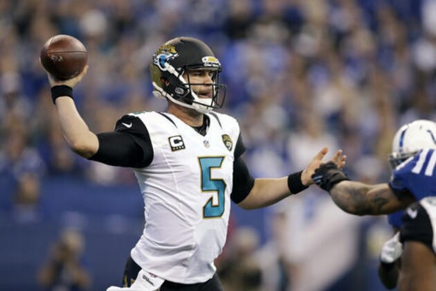 Jacksonville Jaguars quarterback Blake Bortles (5) throws against the Indianapolis Colts during the first half of an NFL football game in Indianapolis, Sunday, Jan. 1, 2017. (AP Photo/Darron Cummings)