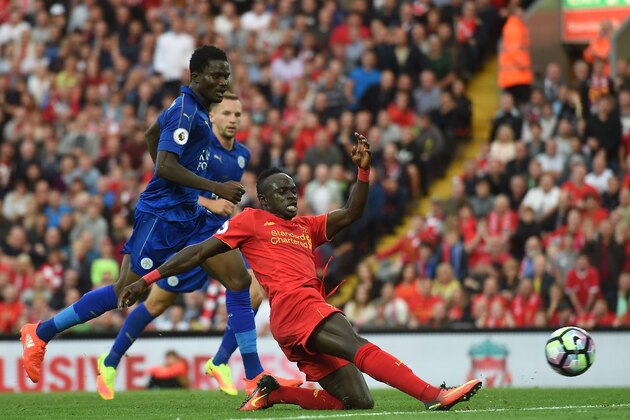 Liverpool's Senegalese midfielder Sadio Mane has an unsuccessful shot during the English Premier League football match between Liverpool and Leicester City at Anfield in Liverpool, north west England on September 10, 2016. / AFP / Paul ELLIS / RESTRICTED TO EDITORIAL USE. No use with unauthorized audio, video, data, fixture lists, club/league logos or 'live' services. Online in-match use limited to 75 images, no video emulation. No use in betting, games or single club/league/player publications.  /         (Photo credit should read PAUL ELLIS/AFP/Getty Images)