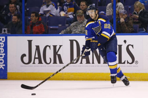 St. Louis Blues' Kevin Shattenkirk handles the puck during the first period of an NHL hockey game against the Carolina Hurricanes, Thursday, Jan. 5, 2017, in St. Louis. (AP Photo/Billy Hurst)