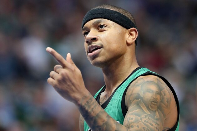 DALLAS, TX - FEBRUARY 13:  Isaiah Thomas #4 of the Boston Celtics reacts after scoring against the Dallas Mavericks in the first half at American Airlines Center on February 13, 2017 in Dallas, Texas. NOTE TO USER: User expressly acknowledges and agrees that, by downloading and or using this photograph, User is consenting to the terms and conditions of the Getty Images License Agreement.  (Photo by Tom Pennington/Getty Images)
