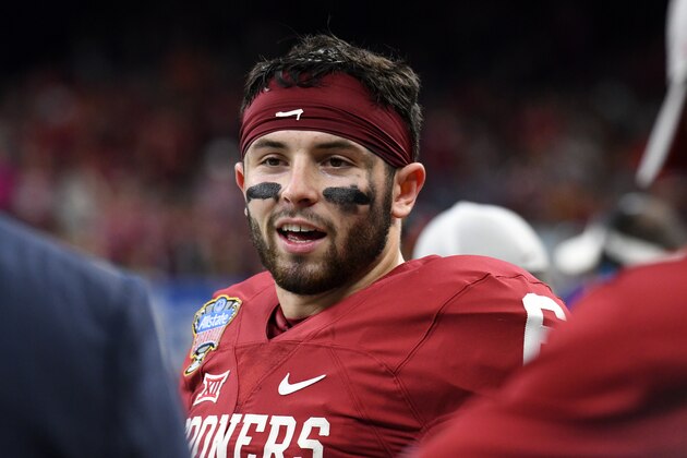 NEW ORLEANS, LA - JANUARY 02: Quarterback Baker Mayfield #6 of the Oklahoma Sooners on the sideline during their victory against the Auburn Tigers in the Sugar Bowl on January 2, 2017 at The Superdome in New Orleans, Louisiana. (Photo by Jackson Laizure)