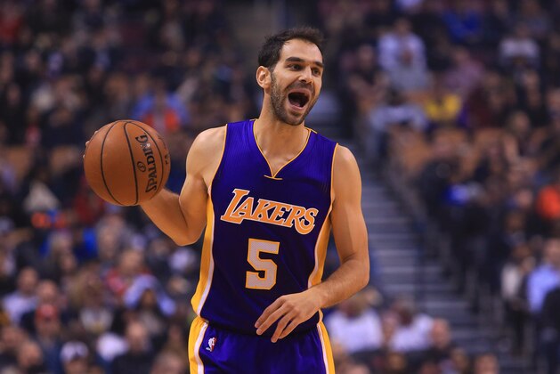 TORONTO, ON - DECEMBER 02:  Jose Calderon #5 of the Los Angeles Lakers dribbles the ball during the first half of an NBA game against the Toronto Raptors at Air Canada Centre on December 2, 2016 in Toronto, Canada.  NOTE TO USER: User expressly acknowledges and agrees that, by downloading and or using this photograph, User is consenting to the terms and conditions of the Getty Images License Agreement.  (Photo by Vaughn Ridley/Getty Images)