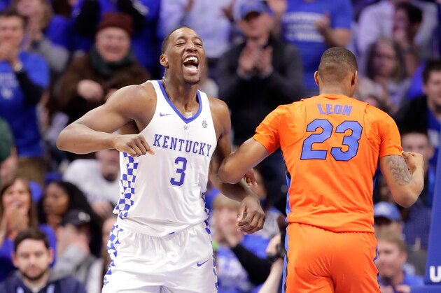 LEXINGTON, KY - FEBRUARY 25:  Bam Adebayo #3 of the Kentucky Wildcats celebrates during the game against the  Florida Gators at Rupp Arena on February 25, 2017 in Lexington, Kentucky.  (Photo by Andy Lyons/Getty Images)