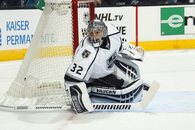 SAN JOSE, CA - OCTOBER 12: Jonathan Quick #32 of the Los Angeles Kings defends the net against the San Jose Sharks at SAP Center on October 12, 2016 in San Jose, California. (Photo by Rocky W. Widner/NHL/Getty Images)