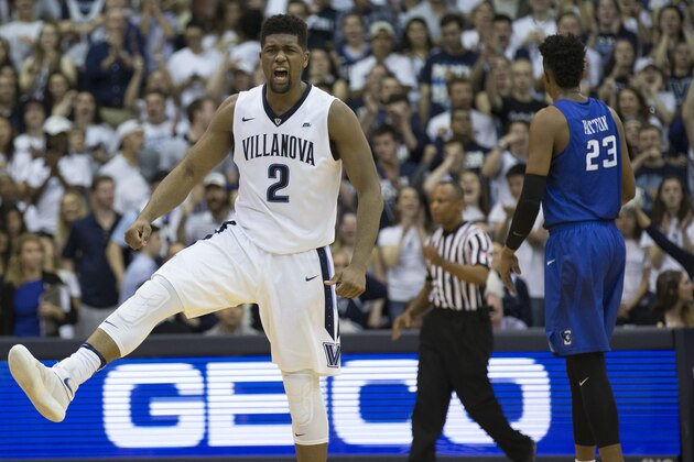 PHILADELPHIA, PA - FEBRUARY 25: Kris Jenkins #2 of the Villanova Wildcats reacts in front of Justin Patton #23 of the Creighton Bluejays in the first half at the Pavilion on February 25, 2017 in Villanova, Pennsylvania. (Photo by Mitchell Leff/Getty Images)
