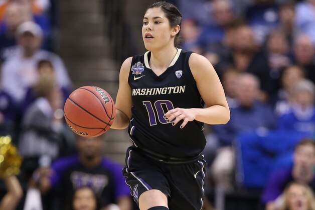 INDIANAPOLIS, IN - APRIL 03:  Kelsey Plum #10 of the Washington Huskies brings the ball upcourt in the first quarter against the Syracuse Orange during the semifinals of the 2016 NCAA Women's Final Four Basketball Championship at Bankers Life Fieldhouse on April 3, 2016 in Indianapolis, Indiana.  (Photo by Andy Lyons/Getty Images)