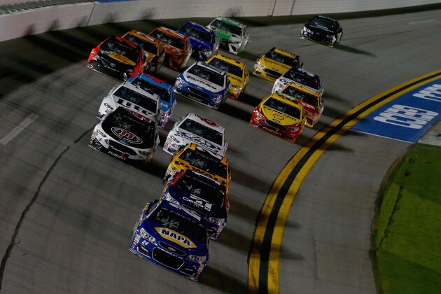 DAYTONA BEACH, FL - FEBRUARY 23:  Chase Elliott, driver of the #24 NAPA Chevrolet, leads a pack of cars during the Monster Energy NASCAR Cup Series Can-Am Duel 1 at Daytona International Speedway on February 23, 2017 in Daytona Beach, Florida.  (Photo by Brian Lawdermilk/Getty Images)