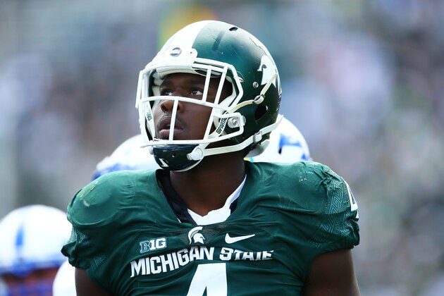 EAST LANSING, MI - SEPTEMBER 19: Malik McDowell #4 of the Michigan State Spartans during the game against the Air Force Falcons at Spartan Stadium on September 19, 2015 in East Lansing, Michigan. (Photo by Rey Del Rio/Getty Images)