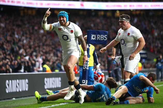LONDON, ENGLAND - FEBRUARY 26:  Jack Nowell of England celebrates scoirng his teams fourth try during the RBS Six Nations match between England and Italy at Twickenham Stadium on February 26, 2017 in London, England.  (Photo by Clive Mason/Getty Images)