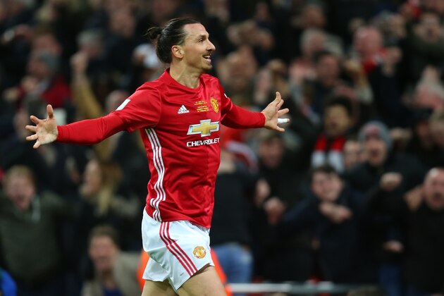 LONDON, ENGLAND - FEBRUARY 26: Zlatan Ibrahimovic of Manchester United celebrates after scoring to make it 3-2 during the EFL Cup Final match between Manchester United and Southampton at Wembley Stadium on February 26, 2017 in London, England. (Photo by Catherine Ivill - AMA/Getty Images)