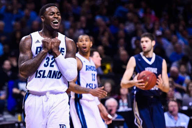 NEW YORK, NY - MARCH 13:  Jared Terrell #32 of the Rhode Island Rams reacts to a call during a quarterfinal game against the George Washington Colonials in the 2015 Men's Atlantic 10 Basketball Tournament at the Barclays Center on March 13, 2015 in the Brooklyn borough of New York City.  (Photo by Alex Goodlett/Getty Images)