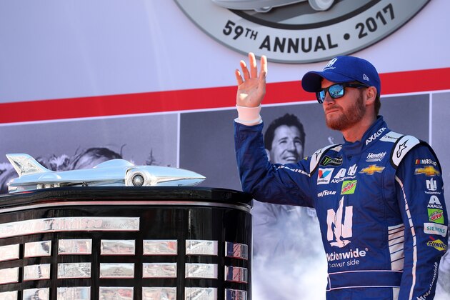 DAYTONA BEACH, FL - FEBRUARY 26:  Dale Earnhardt Jr., driver of the #88 Nationwide Chevrolet, is introduced onstage during the 59th Annual DAYTONA 500 at Daytona International Speedway on February 26, 2017 in Daytona Beach, Florida.  (Photo by Chris Graythen/Getty Images)