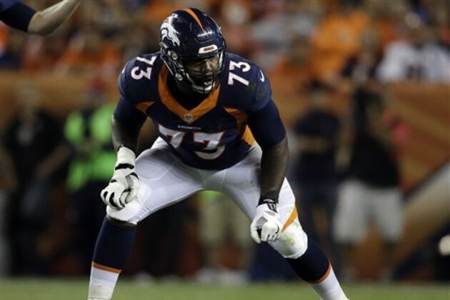 Denver Broncos offensive tackle Russell Okung plays against the Houston Texans during the first half of an NFL football game, Monday, Oct. 24, 2016, in Denver. (AP Photo/Jack Dempsey)