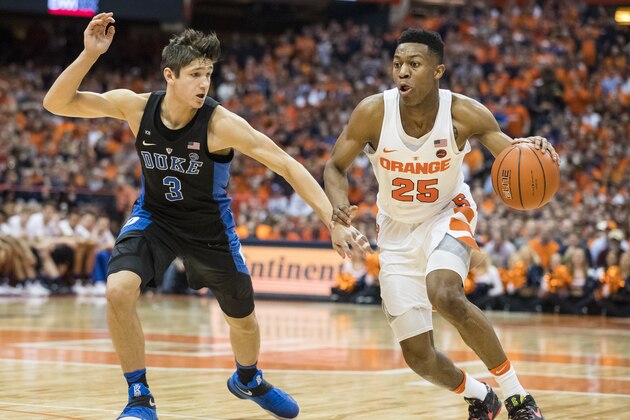 SYRACUSE, NY - FEBRUARY 22:  Grayson Allen #3 of the Duke Blue Devils guards against a dribbling Tyus Battle #25 of the Syracuse Orange during the second half on February 22, 2017 at The Carrier Dome in Syracuse, New York. Syracuse upsets Duke 78-75.  (Photo by Brett Carlsen/Getty Images)
