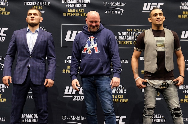 LAS VEGAS, NV - JANUARY 19:  (L-R) No. 1 lightweight contender Khabib Nurmagomedov of Russia and No. 2 lightweight contender Tony Ferguson pose for the media during the UFC 209 Ultimate Media Day event inside The Park Theater on January 19, 2017 in Las Vegas, Nevada. (Photo by Juan Cardenas/Zuffa LLC/Zuffa LLC via Getty Images)