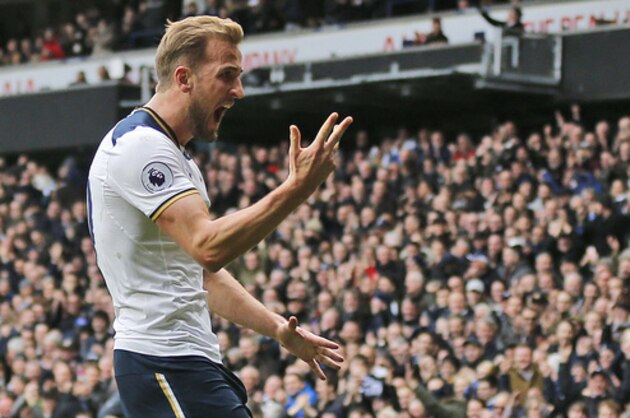 Tottenham Hotspur's Harry Kane celebrates after scoring his side's second goal during the English Premier League soccer match between Tottenham Hotspur and Stoke City at White Hart Lane stadium in London, Sunday, Feb. 26, 2017.(AP Photo/Frank Augstein)