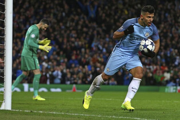 Manchester City's Sergio Aguero celebrates after scoring his side's second goal during the Champions League round of 16 first leg soccer match between Manchester City and Monaco at the Etihad Stadium in Manchester, England, Tuesday Feb. 21, 2017. (AP Photo/Dave Thompson)
