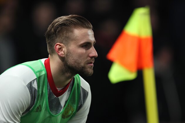 HULL, ENGLAND - JANUARY 26:  Luke Shaw of Manchester United warms up during the EFL Cup Semi-Final second leg match between Hull City and Manchester United at KCOM Stadium on January 26, 2017 in Hull, England.  (Photo by Matthew Ashton - AMA/Getty Images)