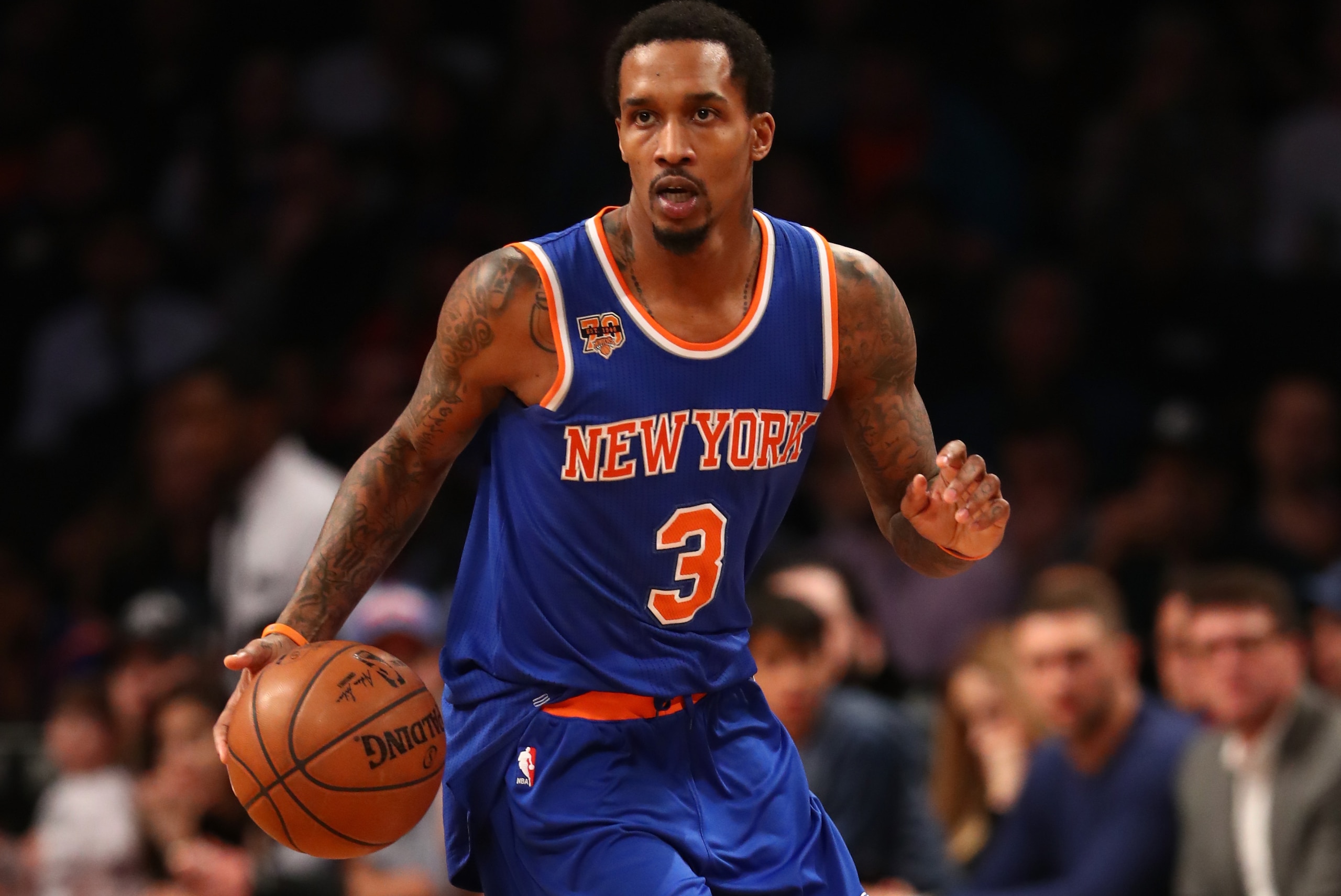 NEW YORK, NY - FEBRUARY 01:  Brandon Jennings #3 of the New York Knicks in action against the Brooklyn Nets during their game at the Barclays Center on February 1, 2017 in New York City.  NOTE TO USER: User expressly acknowledges and agrees that, by downloading and/or using this Photograph, user is consenting to the terms and conditions of the Getty Images License Agreement.  (Photo by Al Bello/Getty Images)
