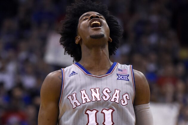 LAWRENCE, KS - FEBRUARY 22: Josh Jackson #11 celebrates a three point shot during a game against the TCU Horned Frogs in the second half at Allen Fieldhouse on February 22, 2017 in Lawrence, Kansas. (Photo by Ed Zurga/Getty Images)