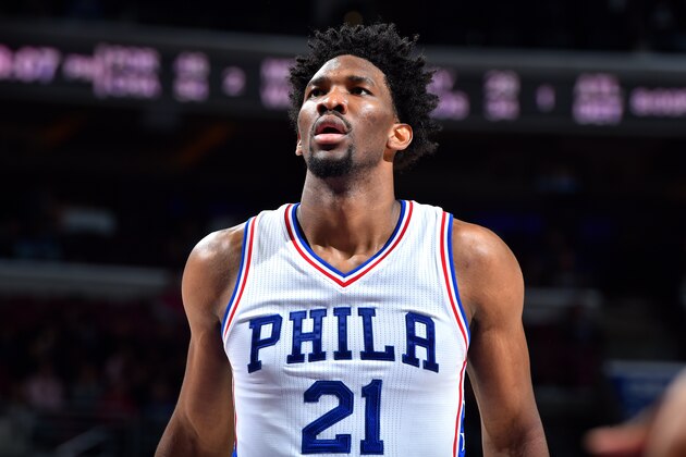 PHILADELPHIA, PA - JANUARY 18: Joel Embiid #21 of the Philadelphia 76ers looks on during the game against the Toronto Raptors on January 18, 2017 at Wells Fargo Center in Philadelphia, Pennsylvania. NOTE TO USER: User expressly acknowledges and agrees that, by downloading and or using this photograph, User is consenting to the terms and conditions of the Getty Images License Agreement. Mandatory Copyright Notice: Copyright 2017 NBAE (Photo by Jesse D. Garrabrant/NBAE via Getty Images)