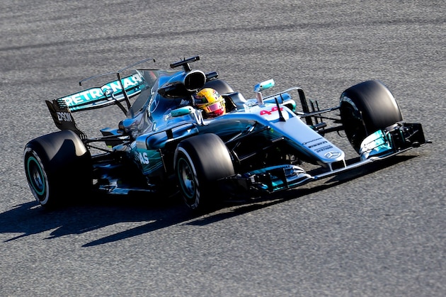 Mercedes AMG Petronas F1 Team's British driver Lewis Hamilton drives at the Circuit de Catalunya on February 27, 2017 in Montmelo on the outskirts of Barcelona during the first day of the first week of tests for the Formula One Grand Prix season.  / AFP / JOSE JORDAN        (Photo credit should read JOSE JORDAN/AFP/Getty Images)